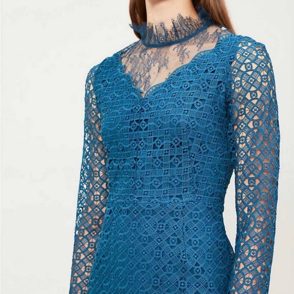 SANDRO BARTSIE TEAL LACE SHEER LONG SLEEVE MIDI DRESS - Picture 14 of 17